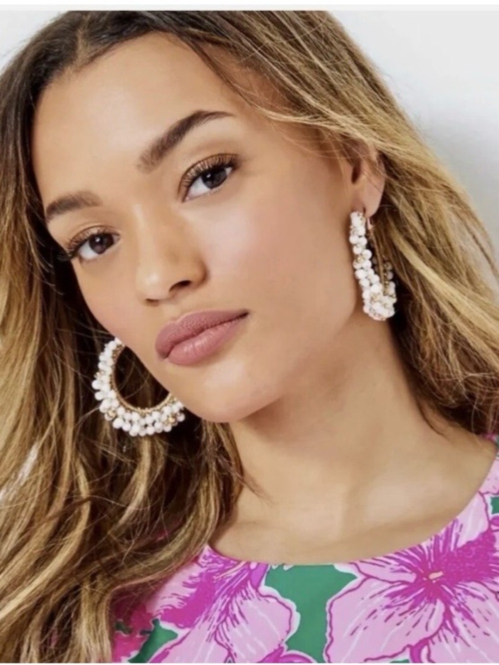 Lilly Pulitzer White Pearl Cluster Hoop bold Earrings